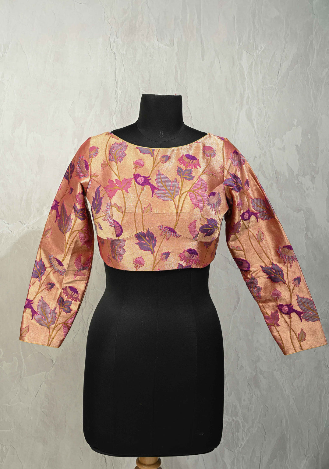 SIZE 36" Rose Gold Paithani Style  Boat Neck Blouse with Meenakari  Pichwai Semi Silk Brocade and Full Sleeves