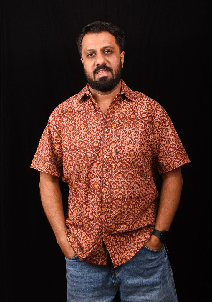 Maroon Brown Kalamkari Handblock Printed Cotton Mens Shirt Dheeran