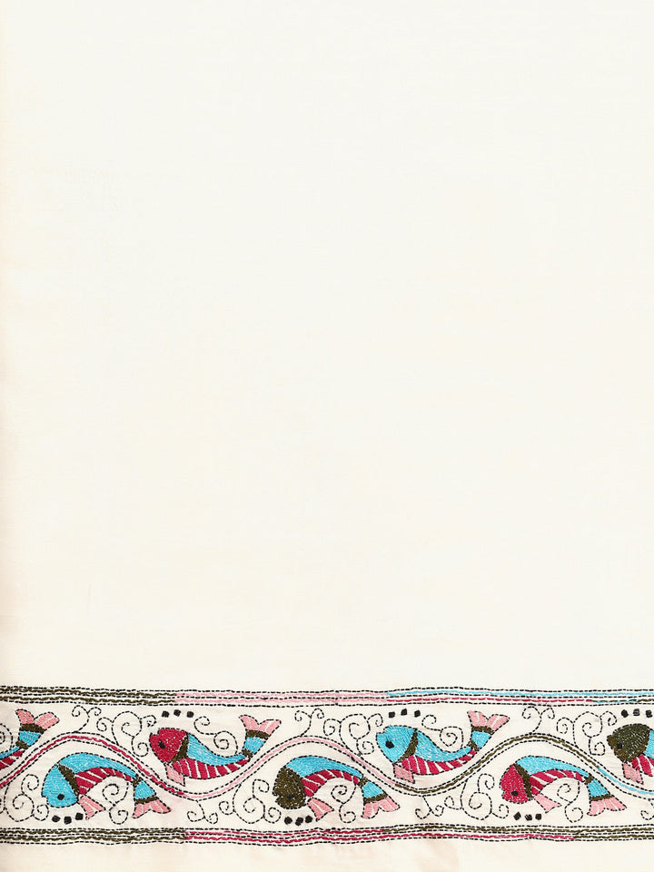 Handloom White Silk Kantha Saree with Blouse piece