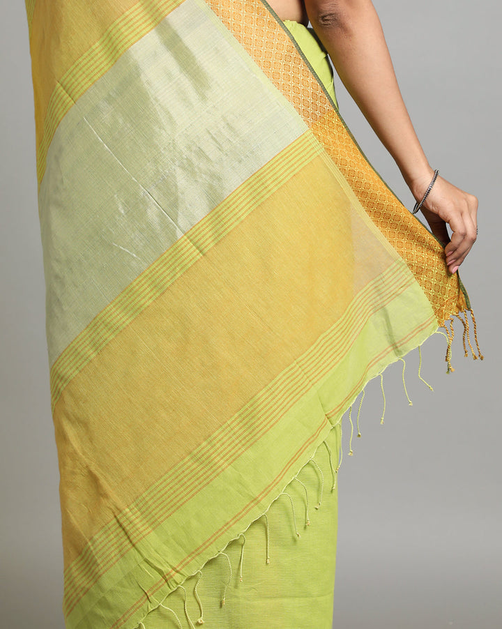 Lime green Golden Jacquard Cotton Saree | SHOBITAM