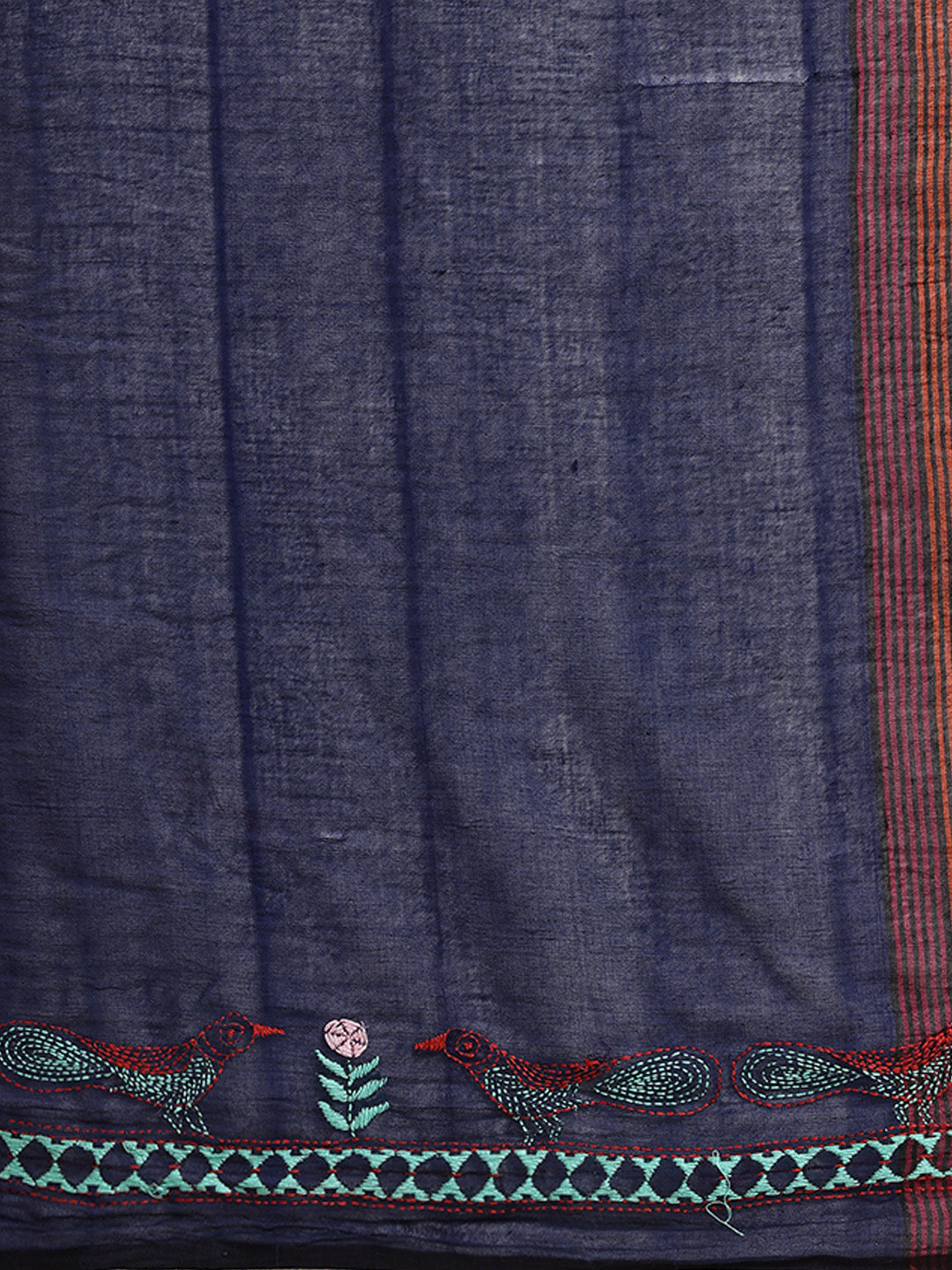 Handloom Navy Colour Block Cotton Kantha Saree | SHOBITAM