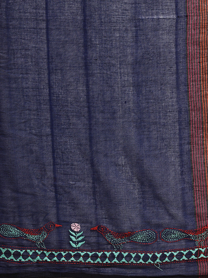 Handloom Navy Colour Block Cotton Kantha Saree | SHOBITAM