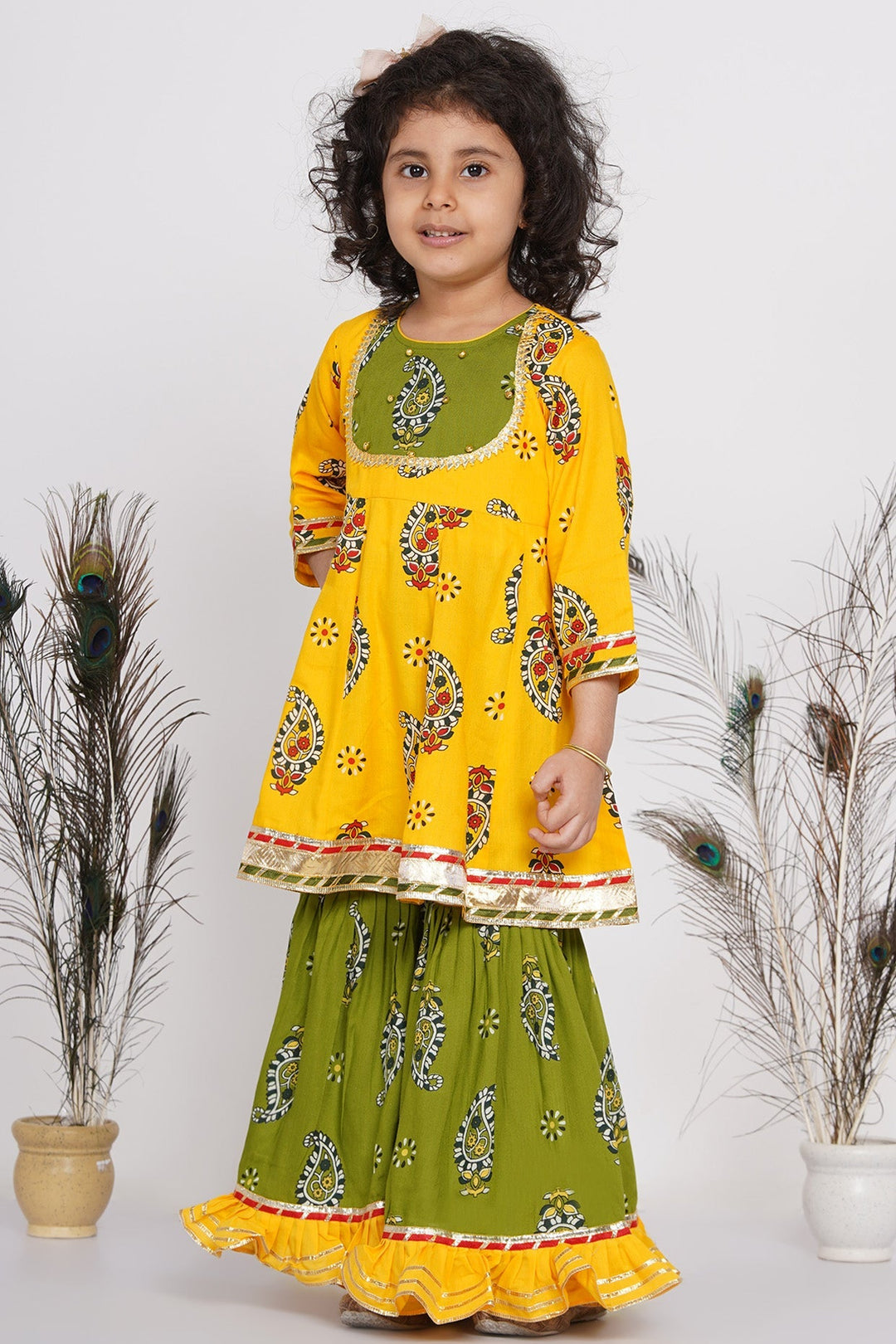 Girls Cotton Floral Jaipuri Kurta with Gunghroo work, Frill Sharara, and Dupatta | SHOBITAM