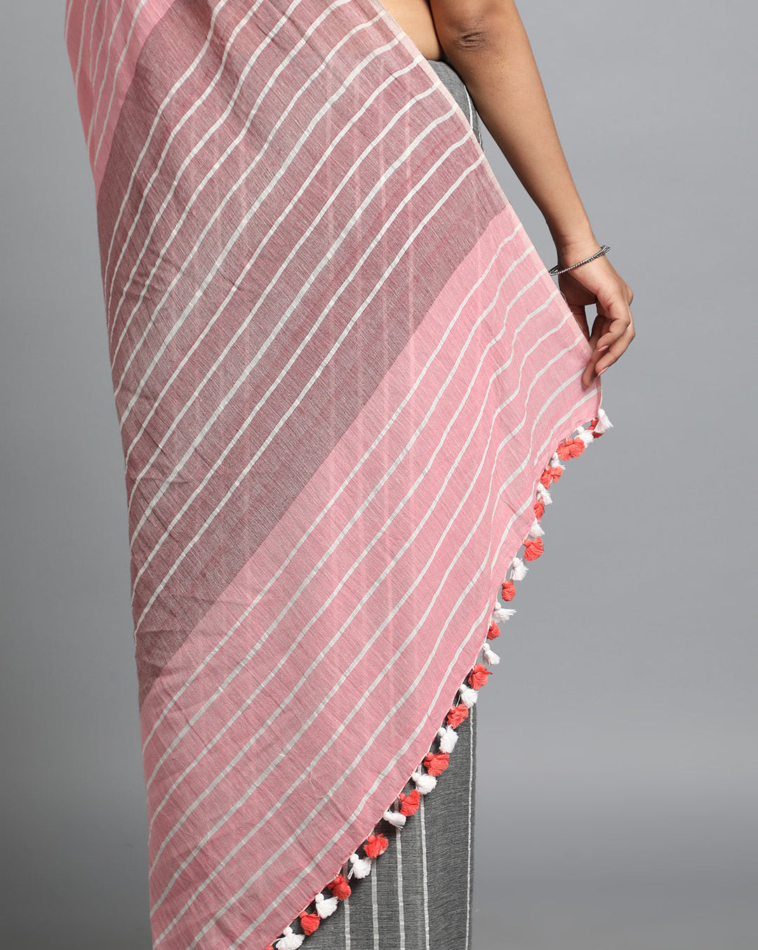 Gray Handwoven Cotton Saree with pompoms