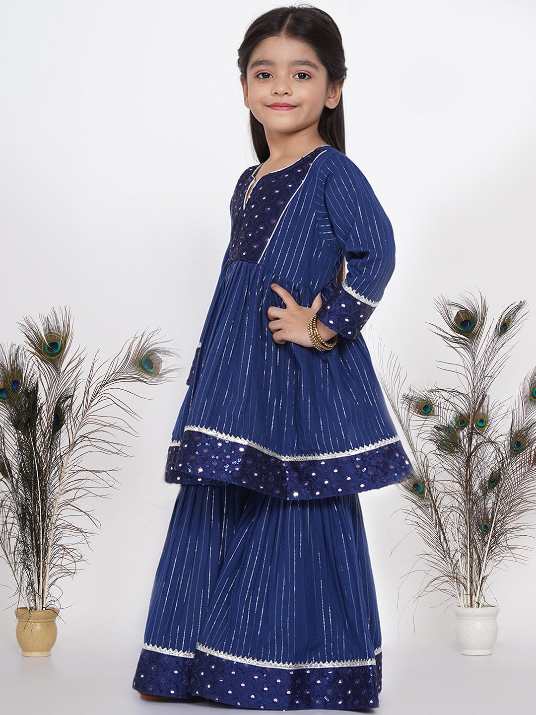Girls Mirror work Kurta frock with Sharara and Dupatta in Blue and White | SHOBITAM