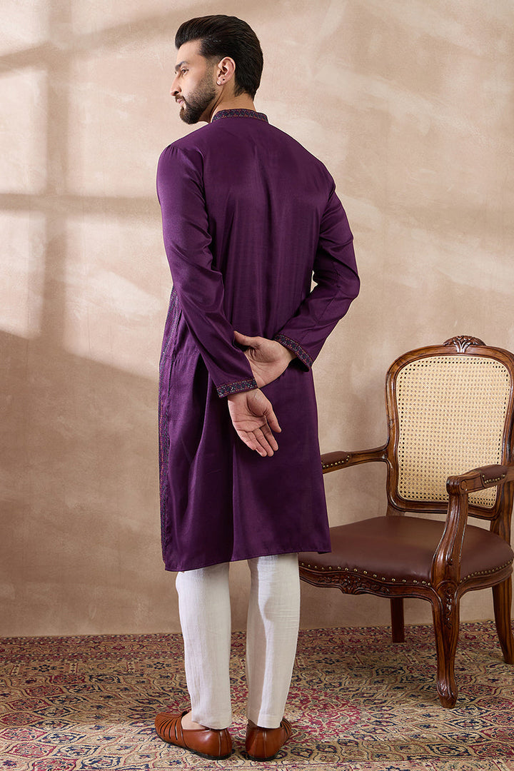 Purple Silk Blend Embroidered Mandarin Collar Straight Kurta With Trouser | SHOBITAM