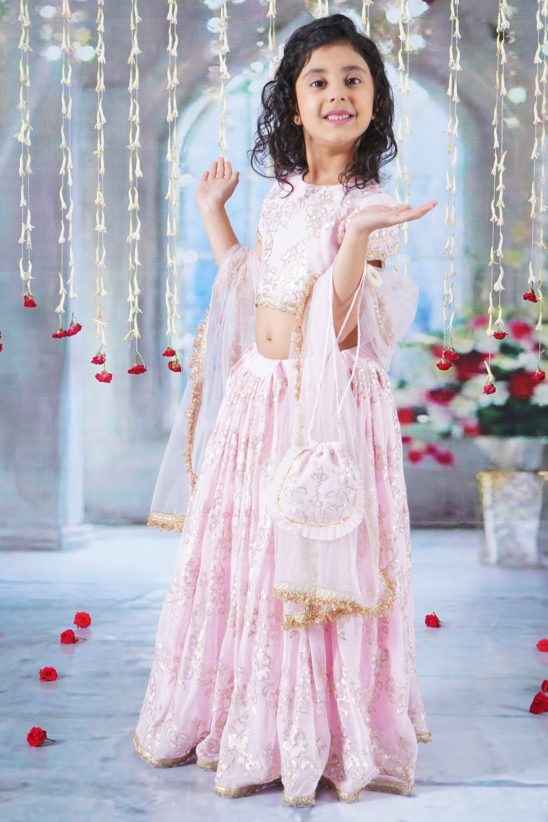 Girls Baby Pink Floral Irish Thread and Sequin work Lehenga with Blouse and Duppata with Matching Potli and Hand made tussel | SHOBITAM