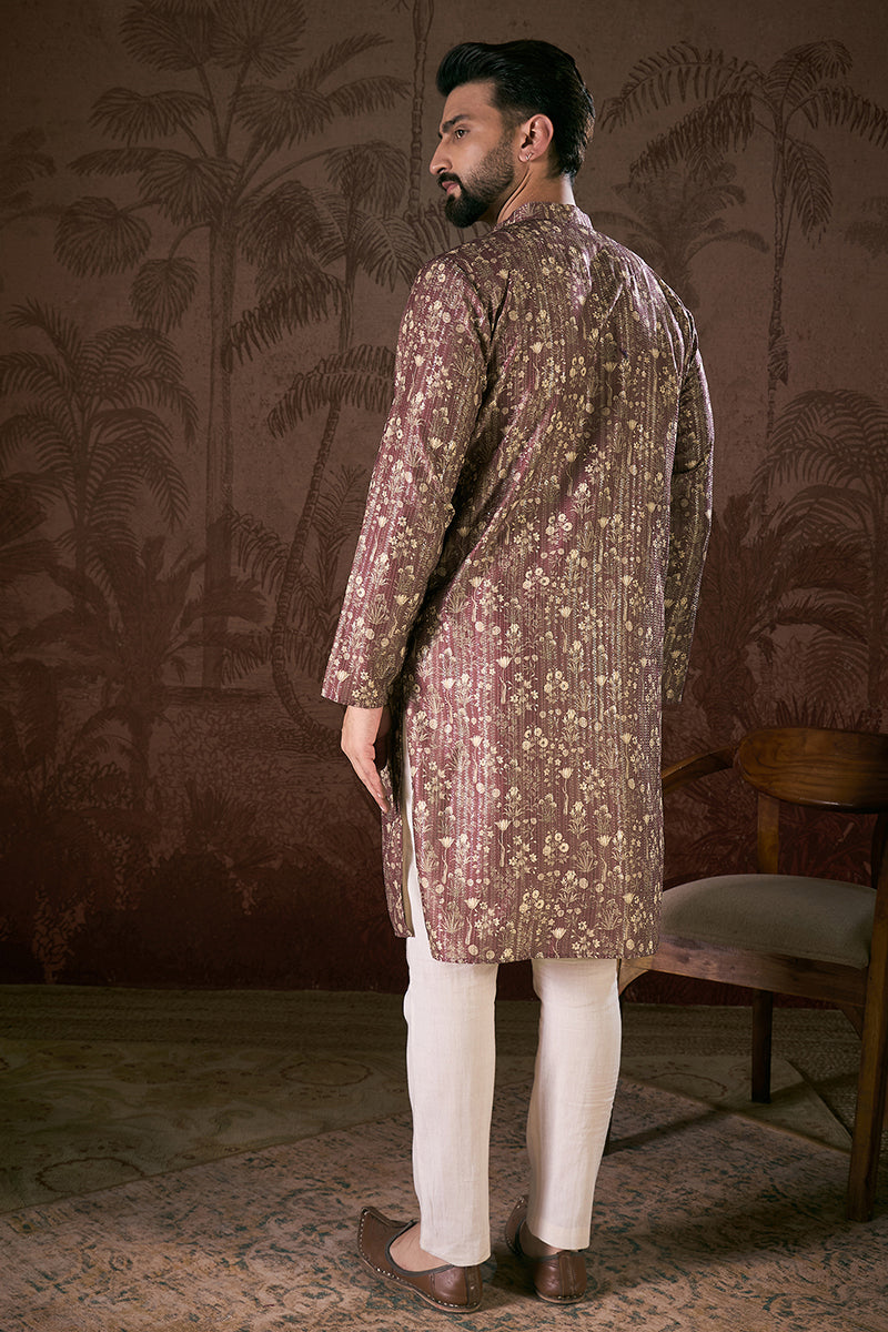 Mauve Silk Blend Floral Printed Straight Kurta With Trouser | SHOBITAM