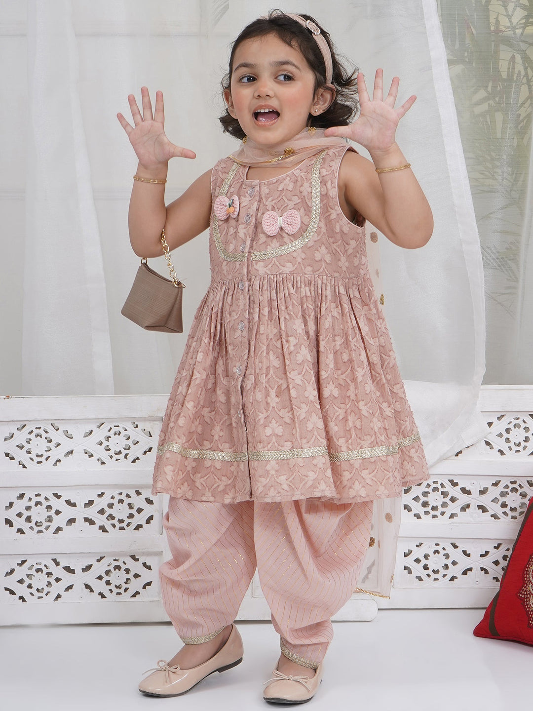 Girls Cotton Sleeveless Floral Self Weaving Kurta with Bow Applique work and Salwar with Dupatta - Mocha Brown