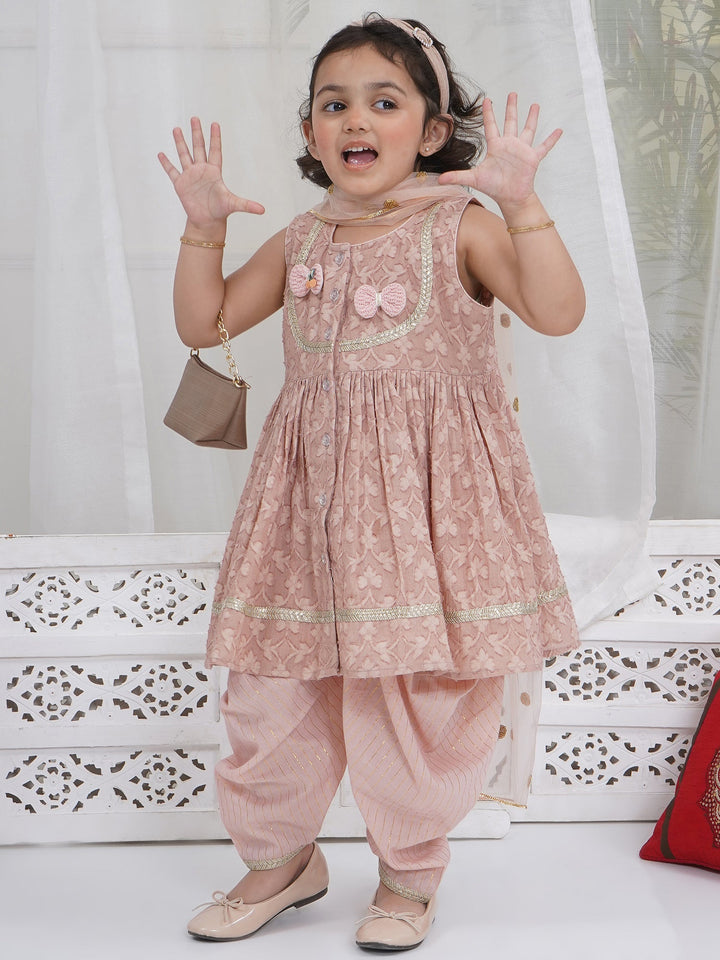 Girls Cotton Sleeveless Floral Self Weaving Kurta with Bow Applique work and Salwar with Dupatta - Mocha Brown