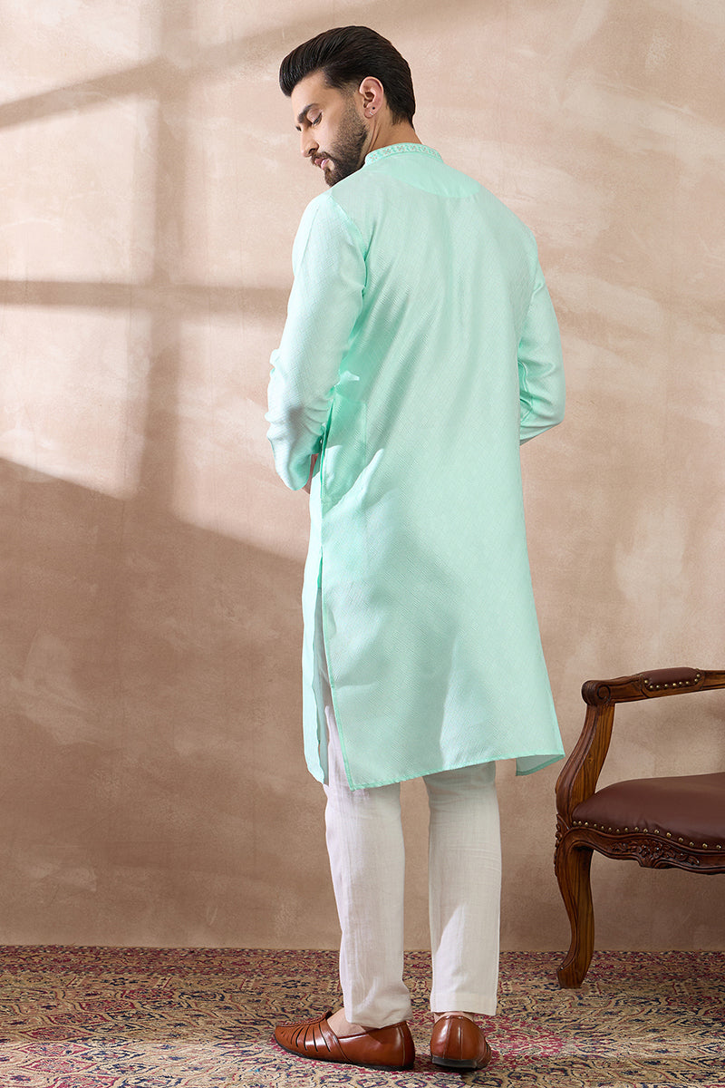 Teal Polyester Woven Design Mandarin Collar Straight Kurta For Men | SHOBITAM