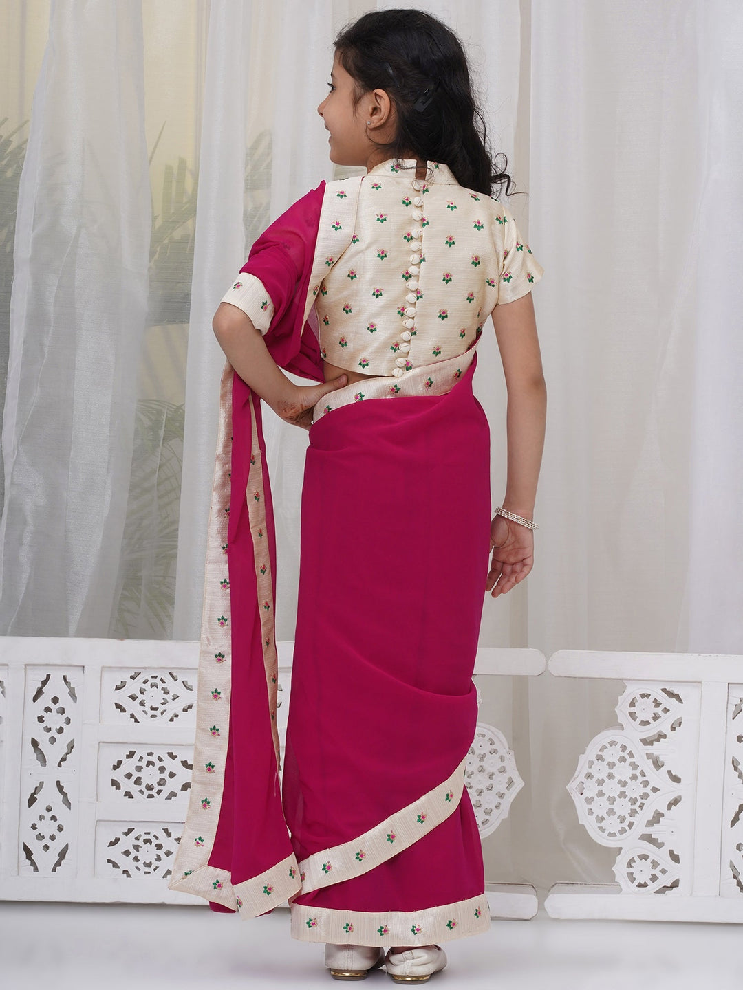 Girls Brocade Short Sleeves Sequin Floral Embroidery Ready to wear Blouse with Ready to wear Georgette Saree - Rani | SHOBITAM