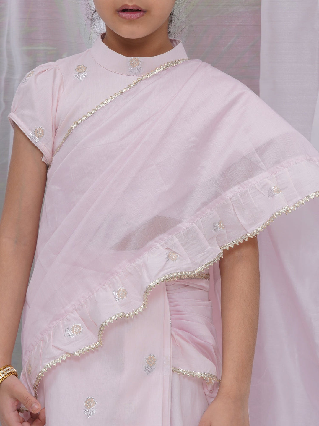 Girls Cotton Puff Sleeves Rose Embroidery Ready to wear Blouse with Ready to wear Chanderi Ruffle Saree - Pink | SHOBITAM