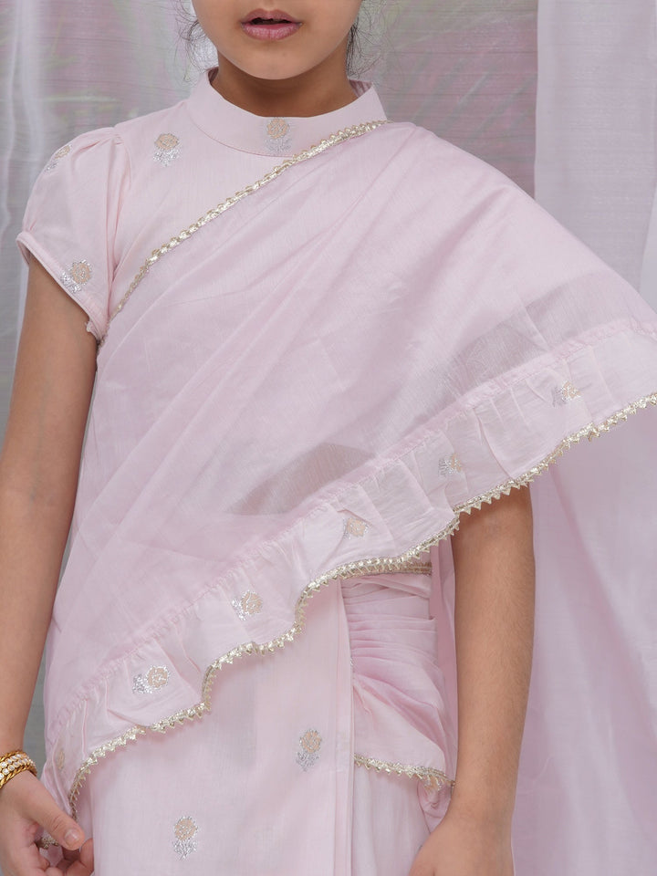 Girls Cotton Puff Sleeves Rose Embroidery Ready to wear Blouse with Ready to wear Chanderi Ruffle Saree - Pink | SHOBITAM