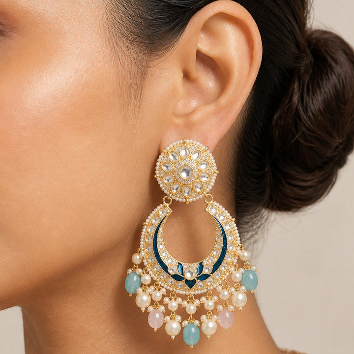 Kundan Chandbali Earrings with Navy Blue Meenakari & Turquoise Pearl Drops | SHOBITAM