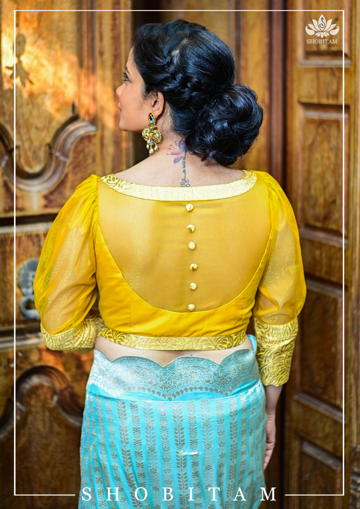 Mustard boat neck Blouse with Sheer Yoke and Puff Sleeves, Banarasi Brocade Detailing