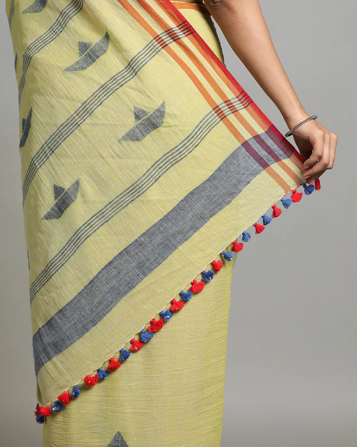 Green Handloom Jamdani Cotton Saree with Stripes Border