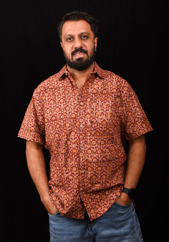 Maroon Brown Kalamkari Handblock Printed Cotton Mens Shirt Dheeran