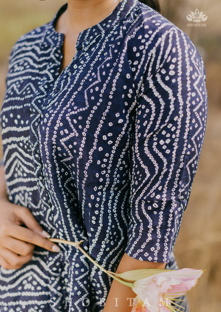 Co-ord set in Navy Blue with Bandhni Print on Rayon Cotton | Made To Order