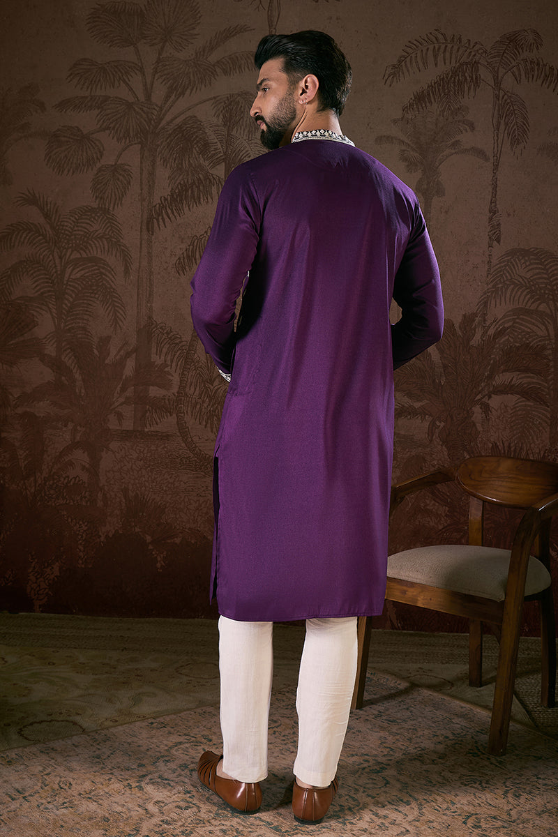 Purple Silk Blend Solid Embroidered Straight Kurta | SHOBITAM
