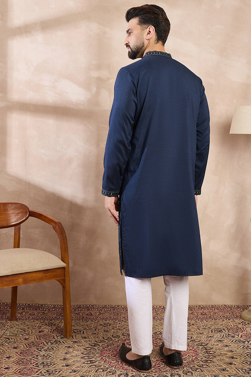 Blue Silk Blend Geometric Embroidered Straight Kurta With Trouser | SHOBITAM