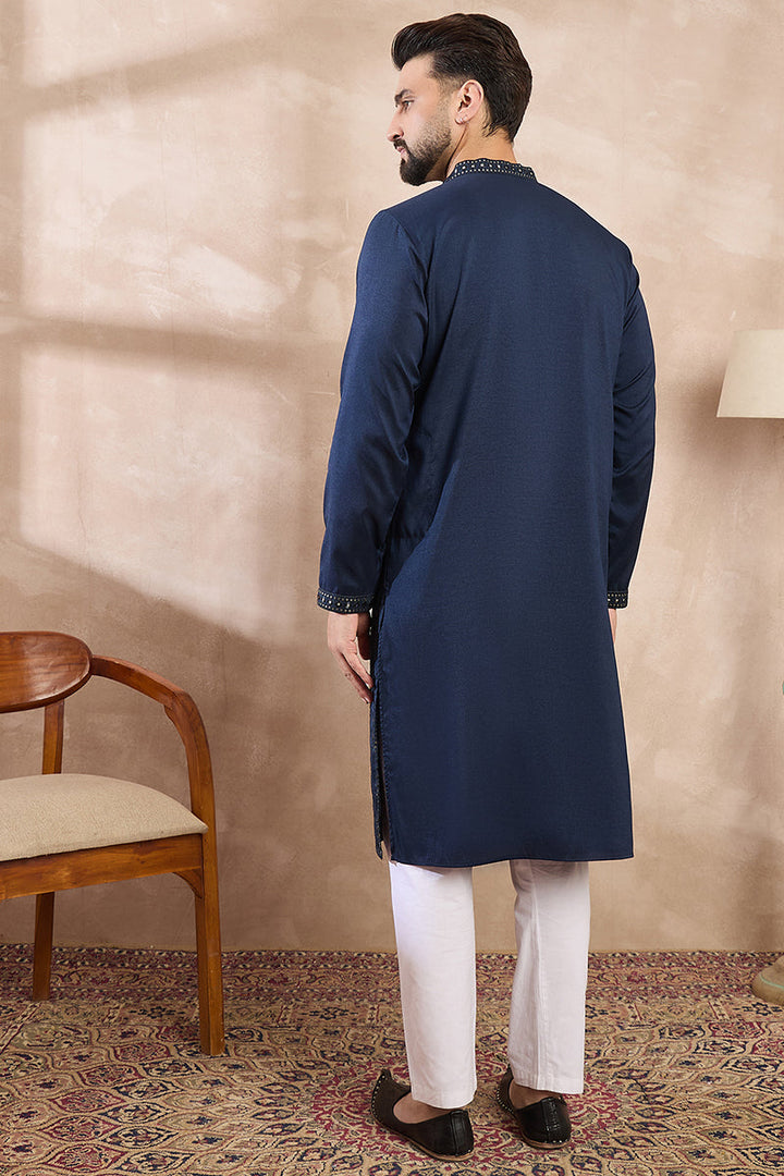Blue Silk Blend Geometric Embroidered Straight Kurta With Trouser | SHOBITAM