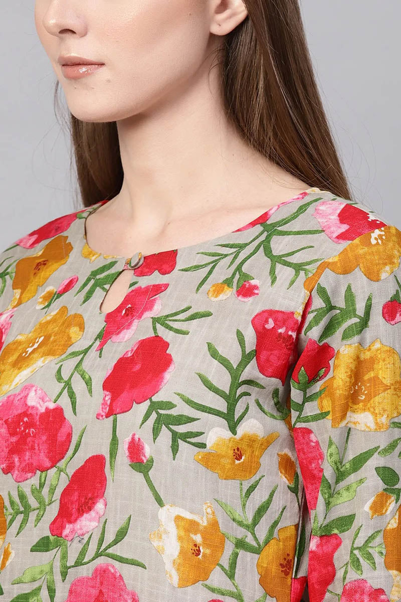 Printed Grey Rayon Blend Fabric Kurti | SHOBITAM