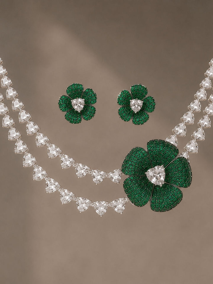Emerald Bloom Floral Necklace Set with Crystal Petal Drops | SHOBITAM