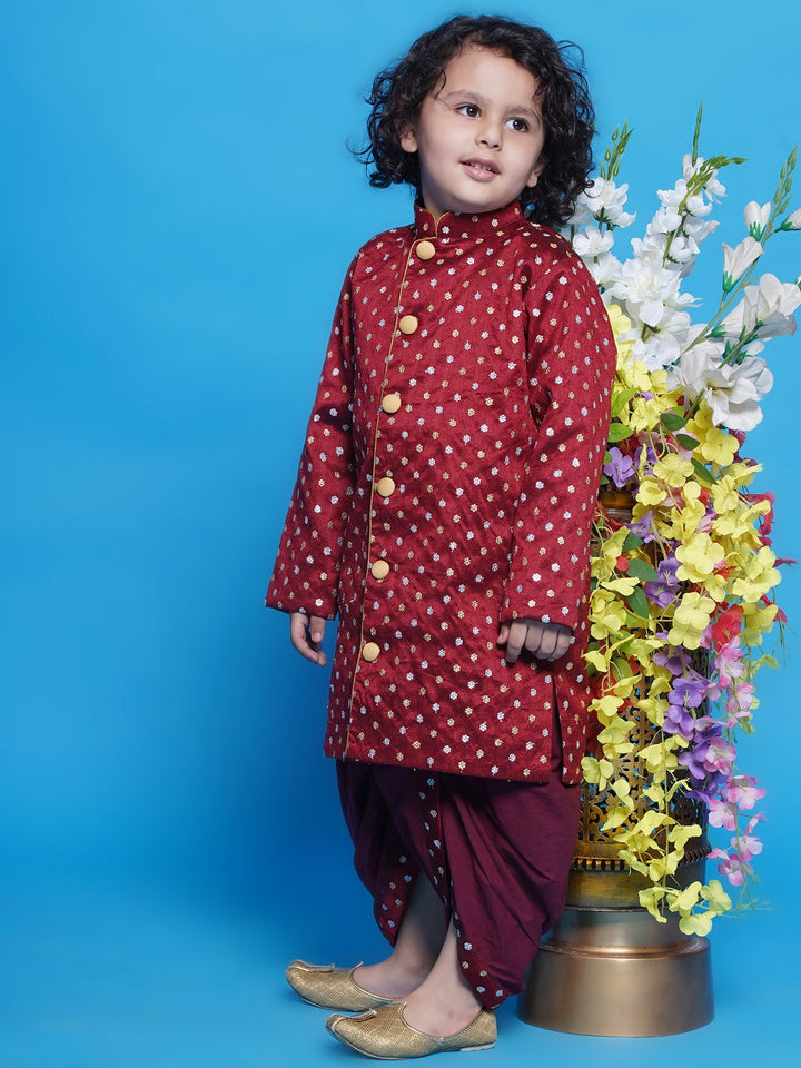 Chand Sitare Sherwani with Golden Buttons and Dhoti - Maroon | SHOBITAM