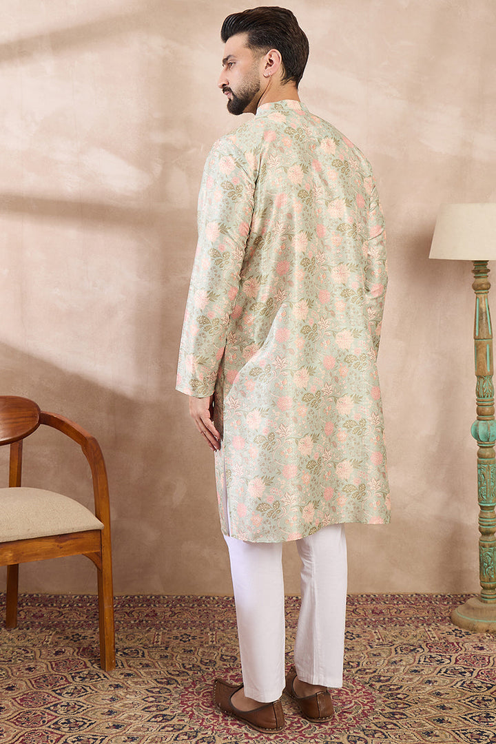 Green Silk Blend Floral Printed Straight Kurta With Trouser | SHOBITAM
