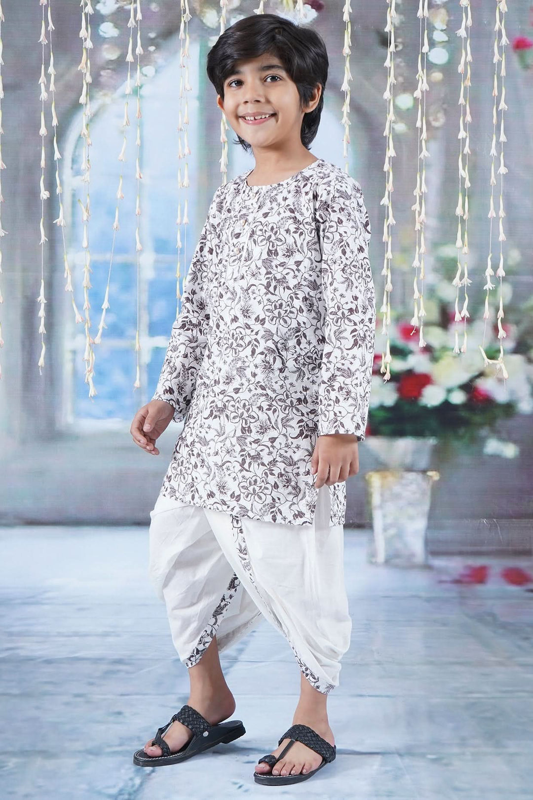Boys Cotton Full Sleeves Kurta Dhoti with Brown Floral Print and Pearl Buttons - White | SHOBITAM
