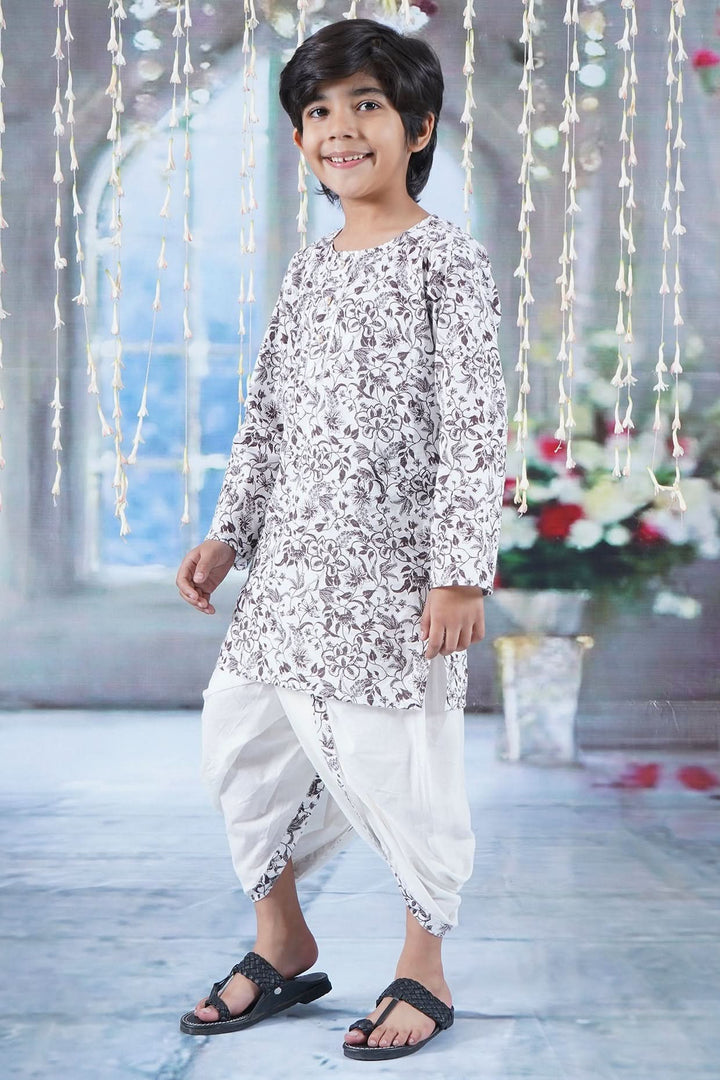Boys Cotton Full Sleeves Kurta Dhoti with Brown Floral Print and Pearl Buttons - White | SHOBITAM