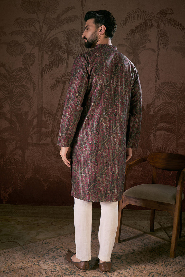 Purple Silk Blend Ethnic Motifs Printed Straight Kurta With Trouser | SHOBITAM