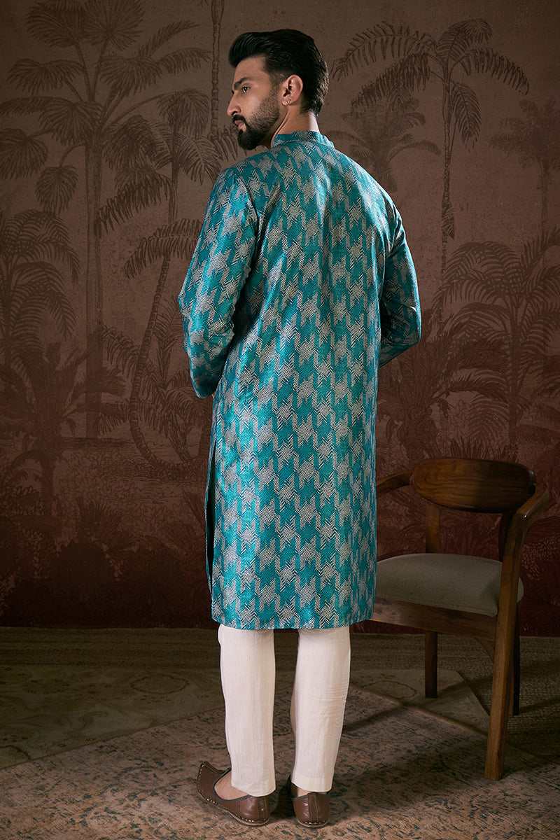 Turquoise Blue Silk Blend Chevron Printed Straight Kurta With Trouser | SHOBITAM
