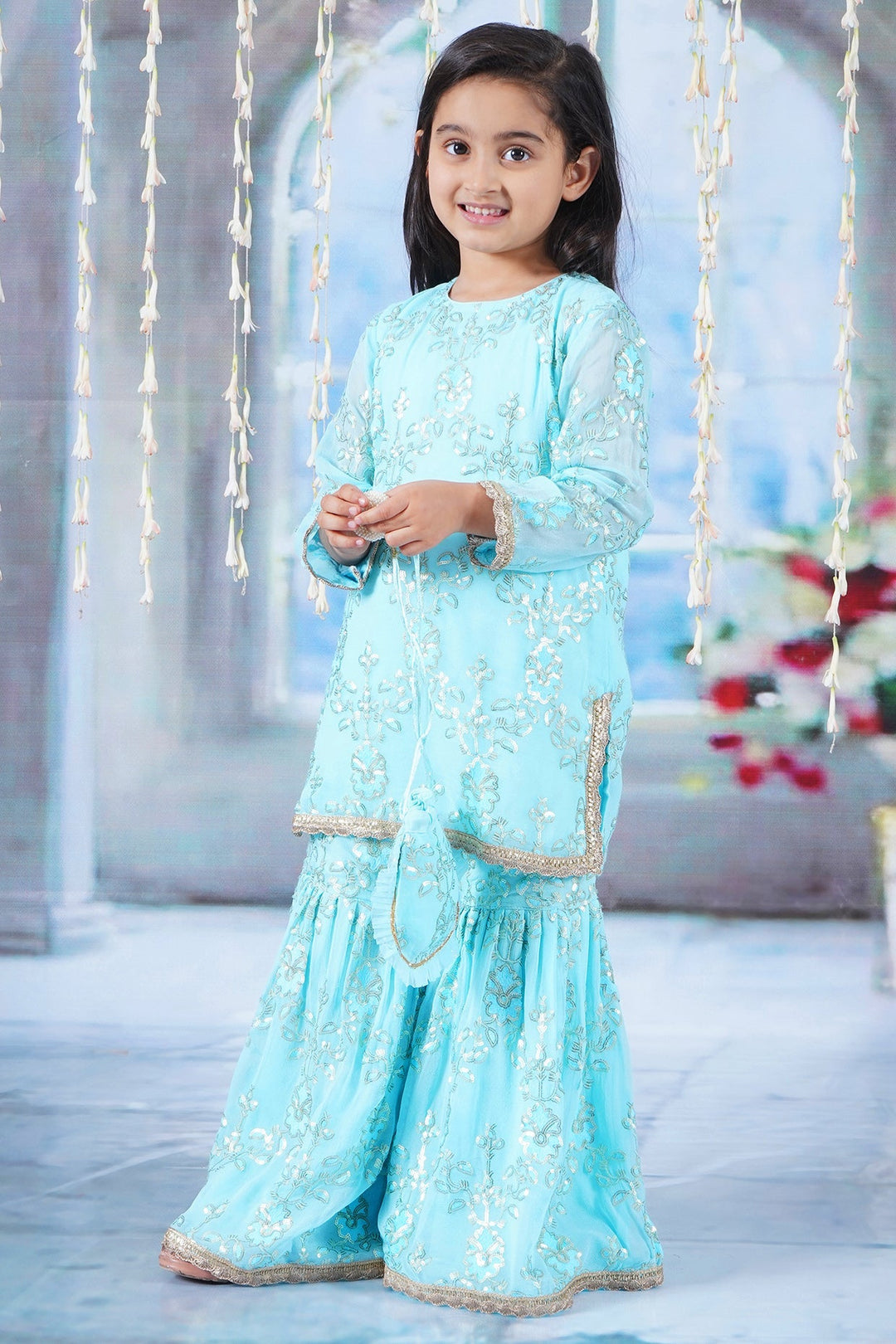 Girls Cotton Candy Blue Kurta with Irish Thread and Sequin work Embroidery with Sharara, Dupatta and Potli | SHOBITAM