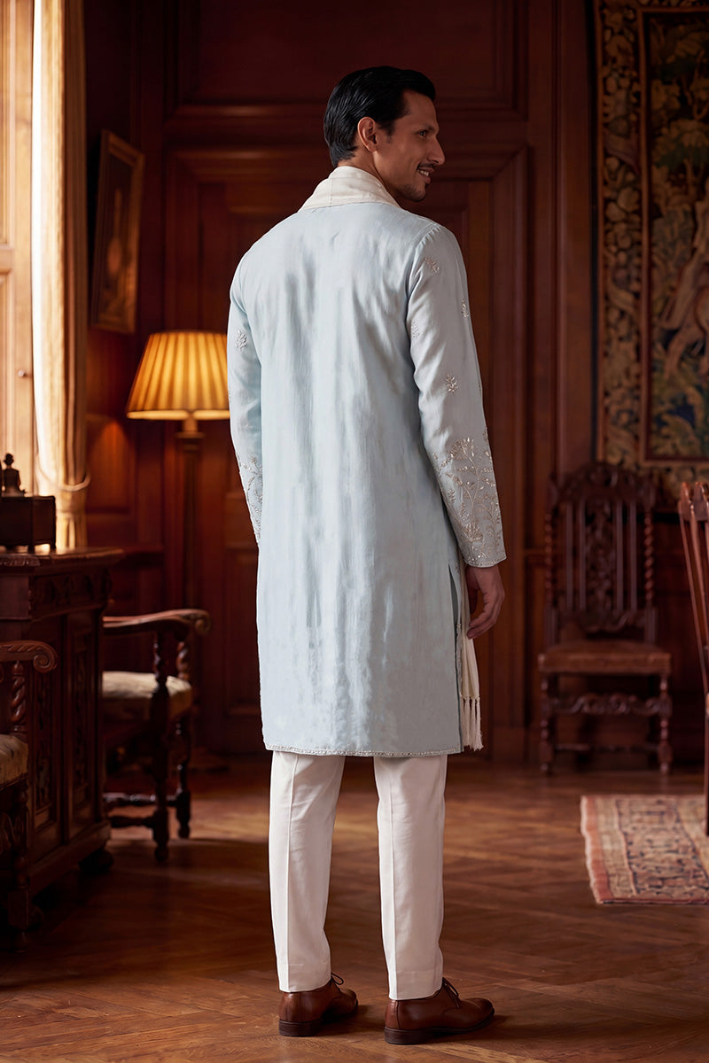 Men Blue Silk Blend Solid Embroidered Straight Kurta Sets  | SHOBITAM