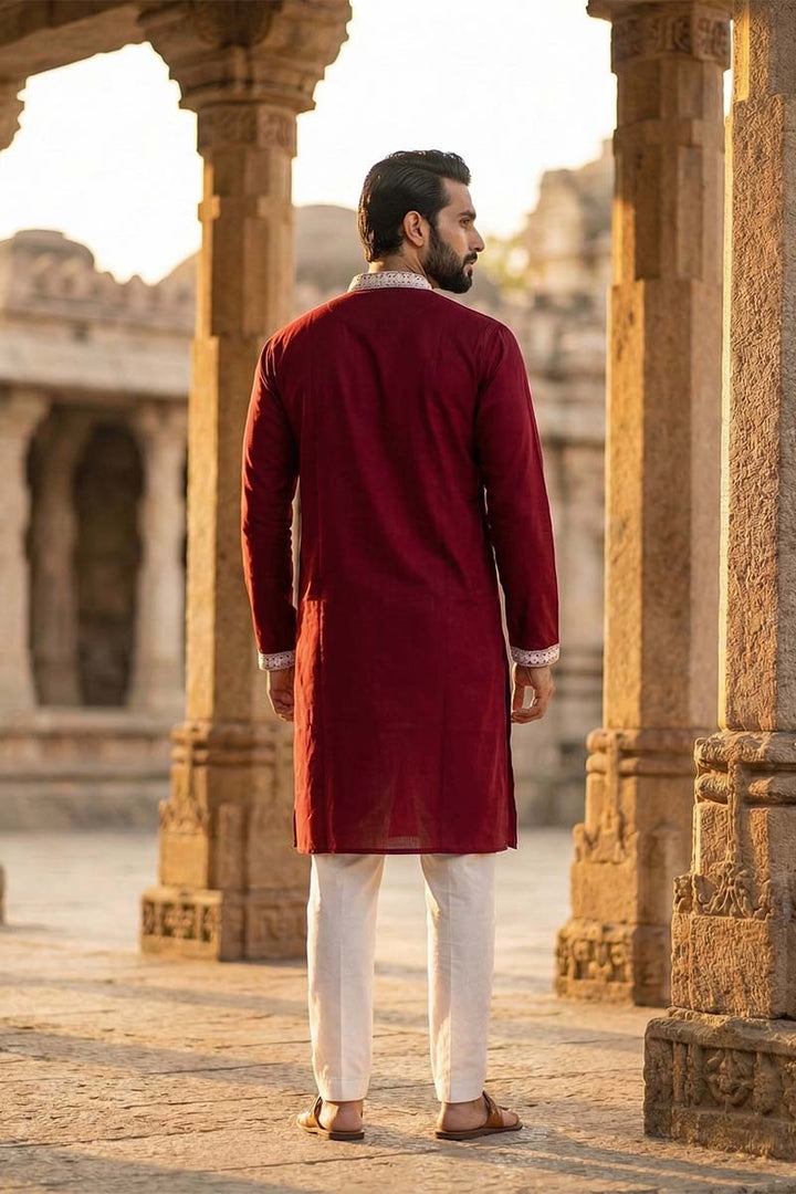 Maroon Silk Blend Embroidered Straight Kurta | SHOBITAM