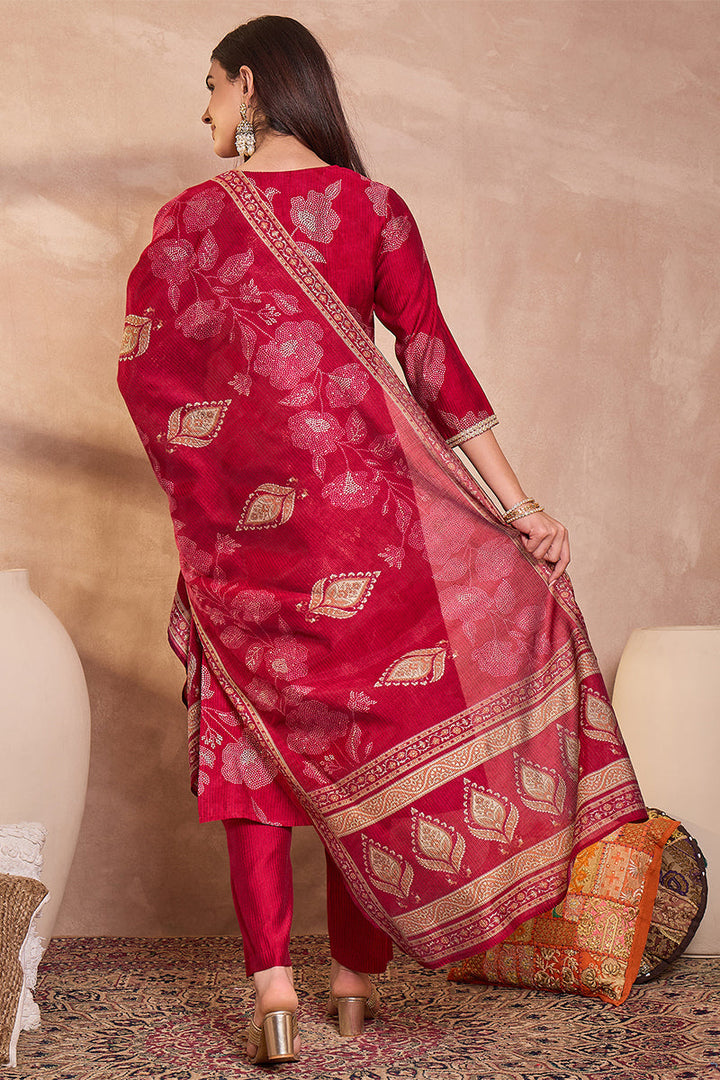 Pink Silk Blend Floral Printed Straight Kurta Trouser With Dupatta | SHOBITAM