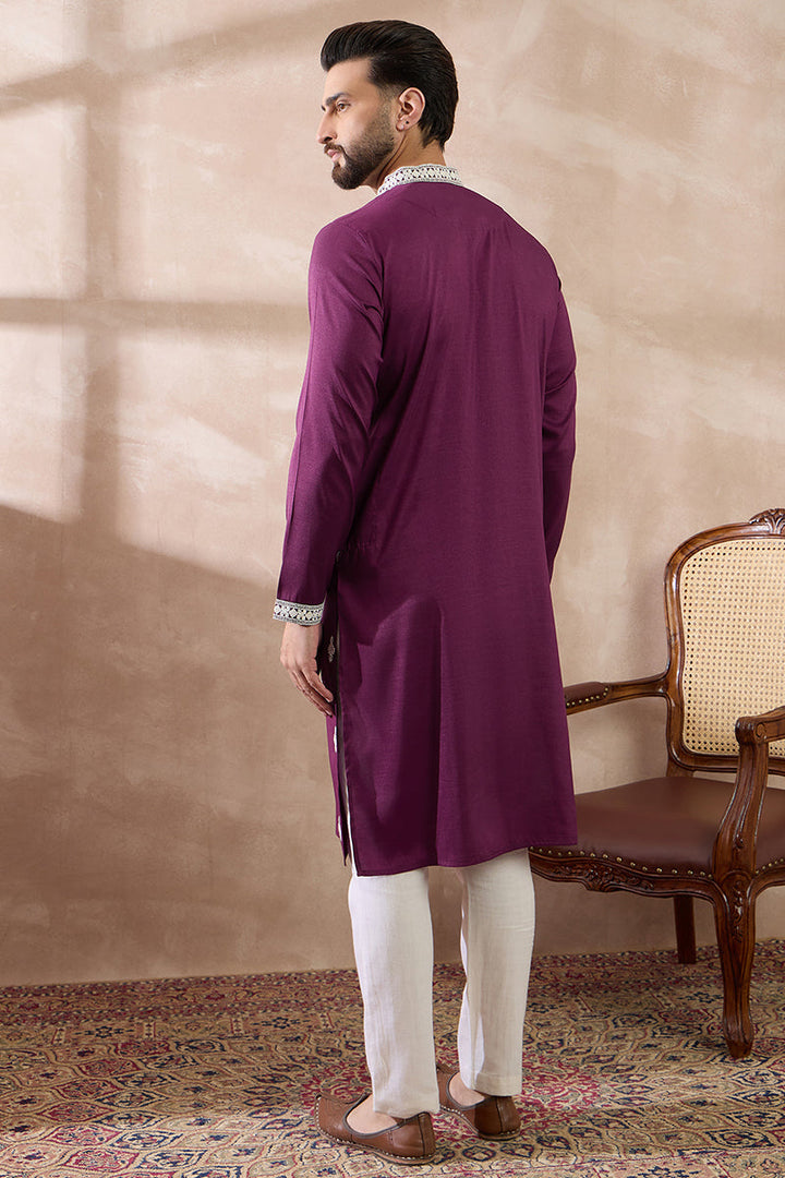 Purple Silk Embroidered Mandarin Collar Straight Kurta | SHOBITAM