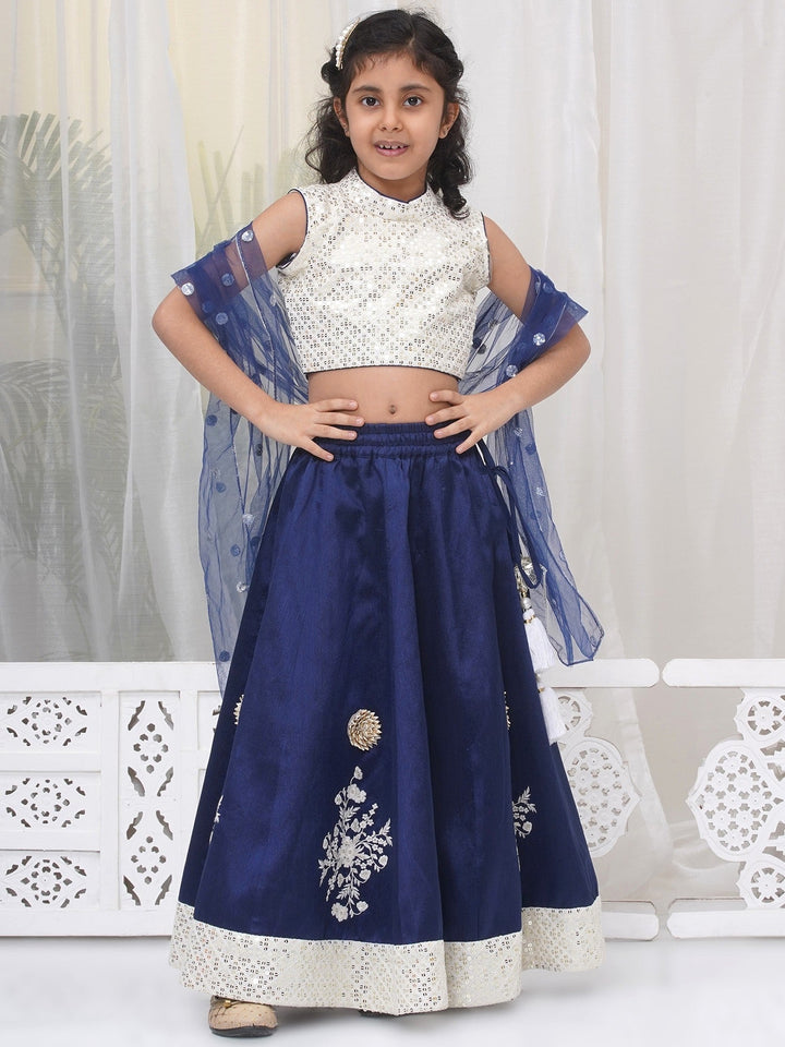 Girls Silk Brocade Kali Work Lehenga with Floral Thread Work & Sequin work Sleeveless Blouse with Dupatta - Royal Blue | SHOBITAM