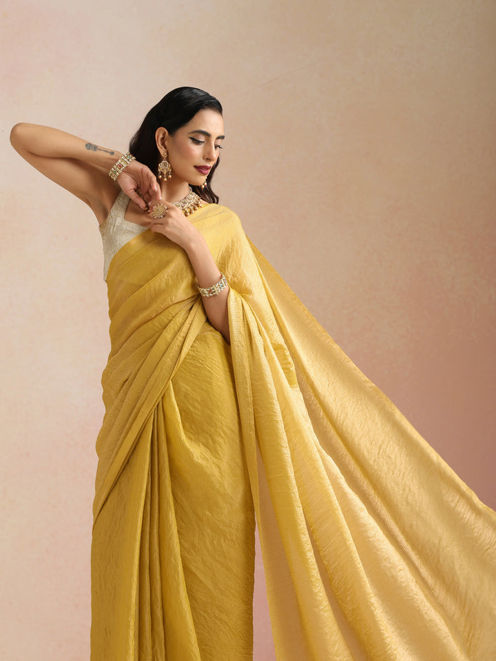Mustard Tissue Stripe Saree With Unstitched Blouse | SHOBITAM