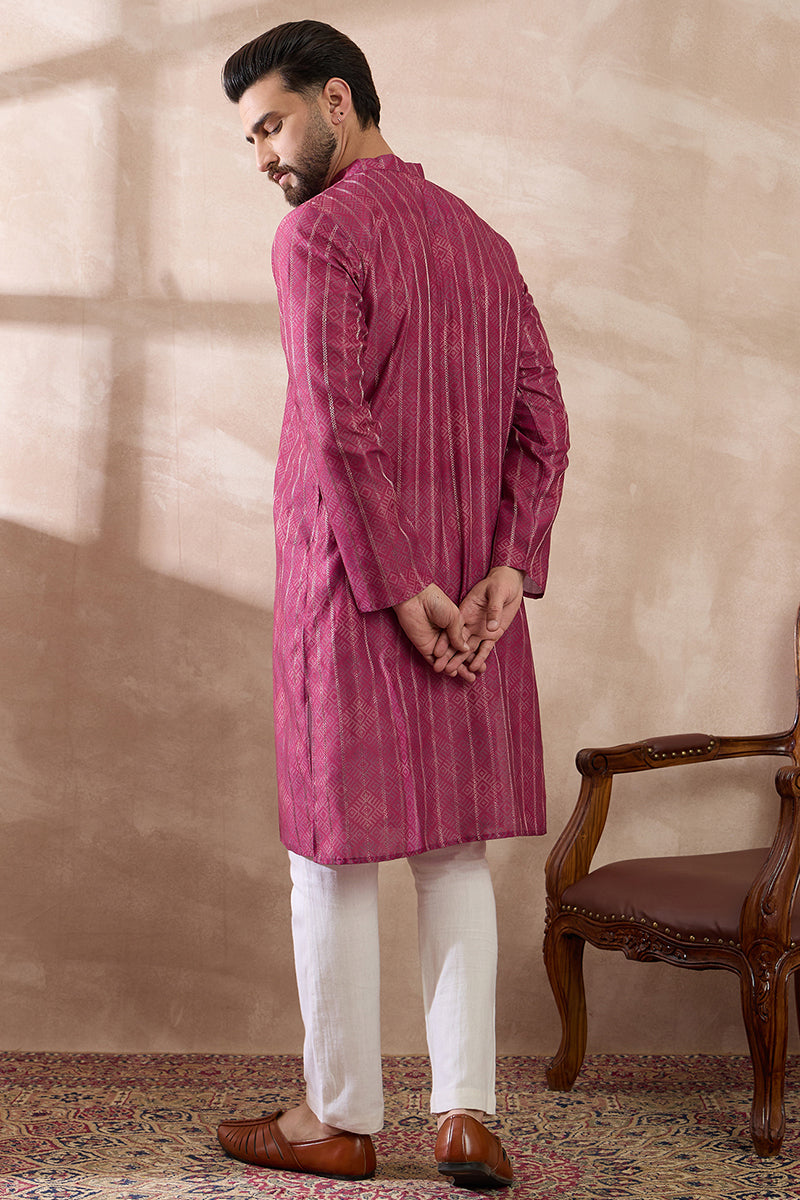 Pink Silk Blend Printed Mandarin Collar Straight Kurta | SHOBITAM