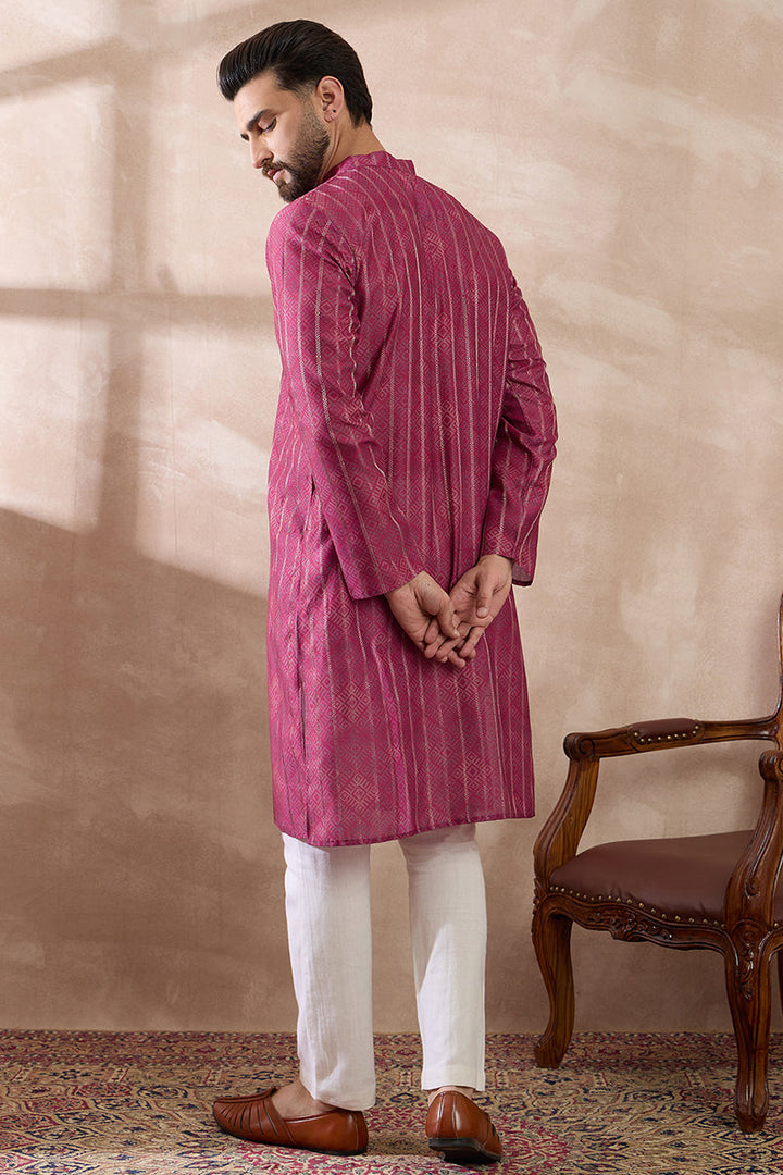 Pink Silk Blend Printed Mandarin Collar Straight Kurta | SHOBITAM
