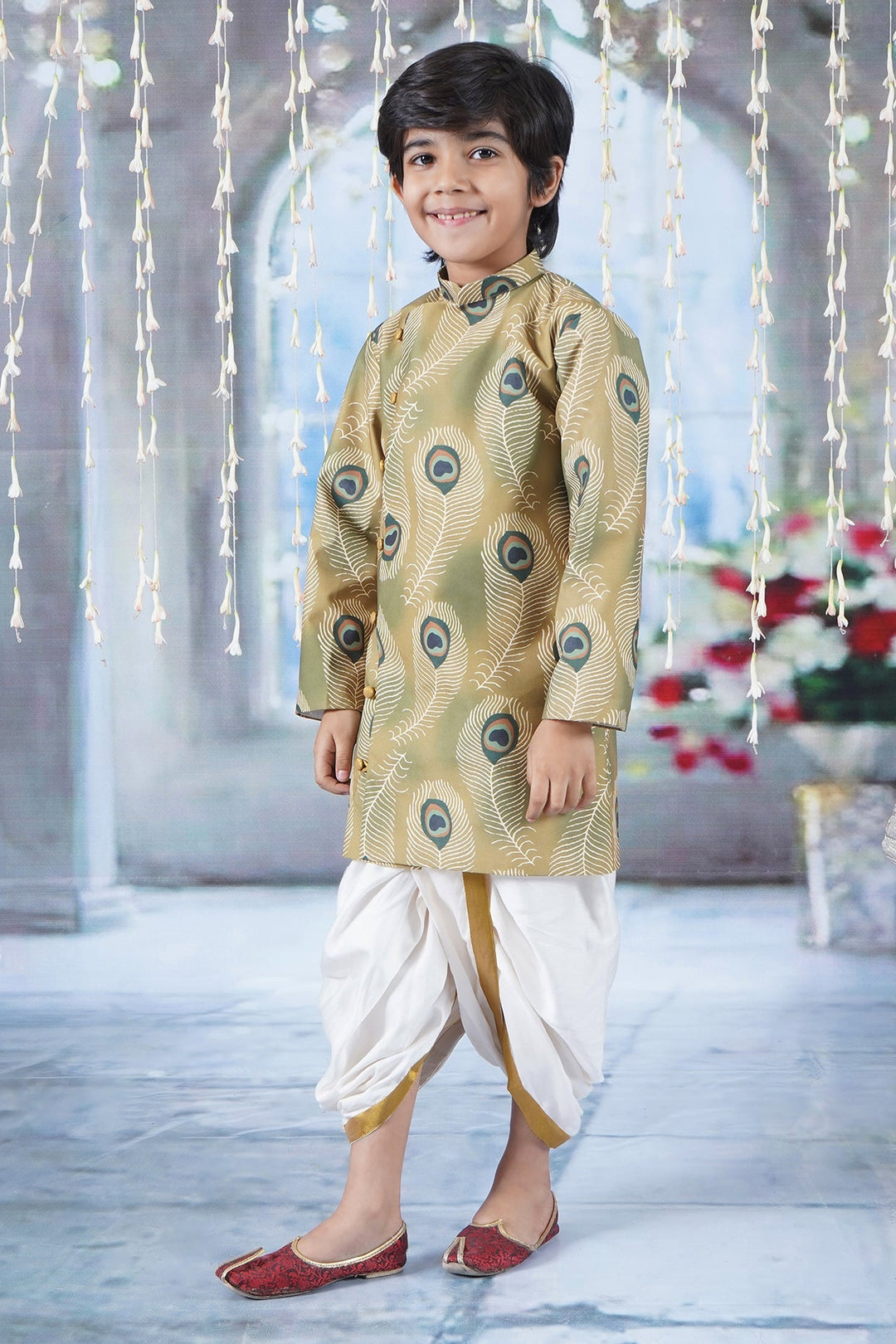Boys Cotton Full Sleeves Peacock Feather Sherwani with Dhoti -Mustard Yellow | SHOBITAM