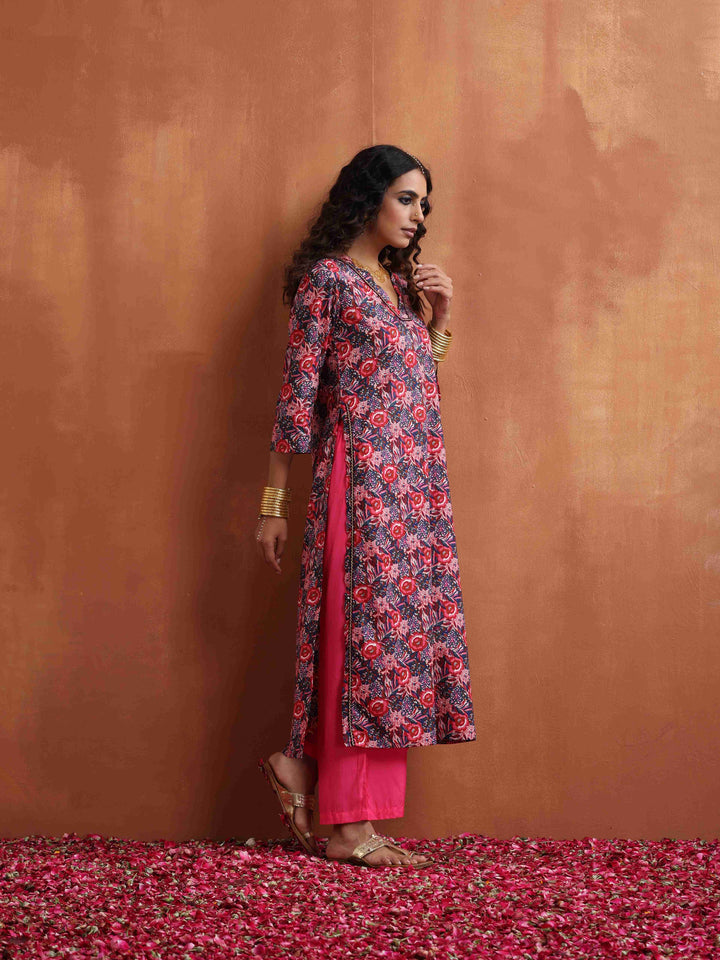 Pink Print High Slit Kurta Set | SHOBITAM