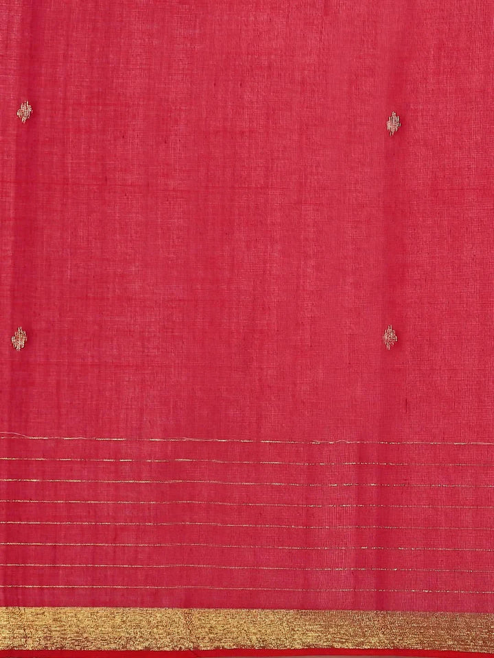 Pinkish Red Handloom Zari buti Jamdani Cotton Saree with blouse piece