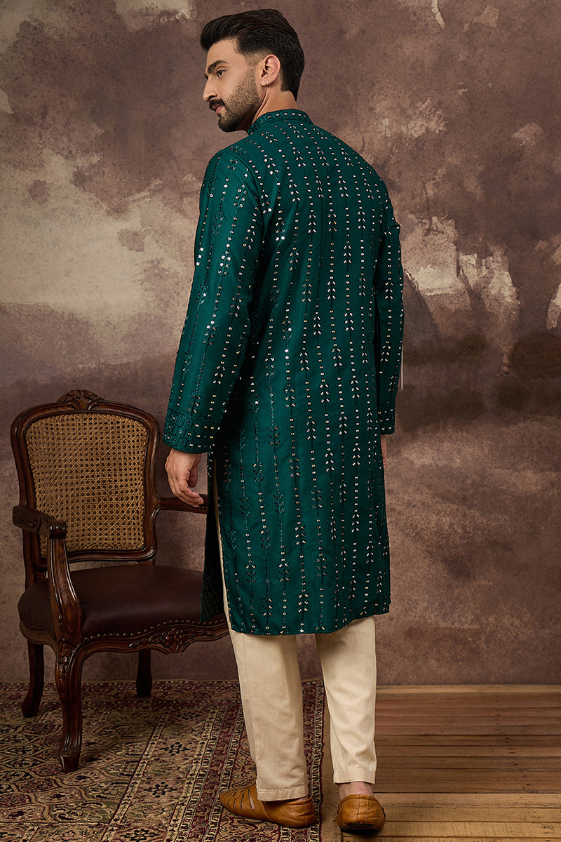Teal Silk Blend Solid Embroidered Straight Kurta With Pant Set | SHOBITAM