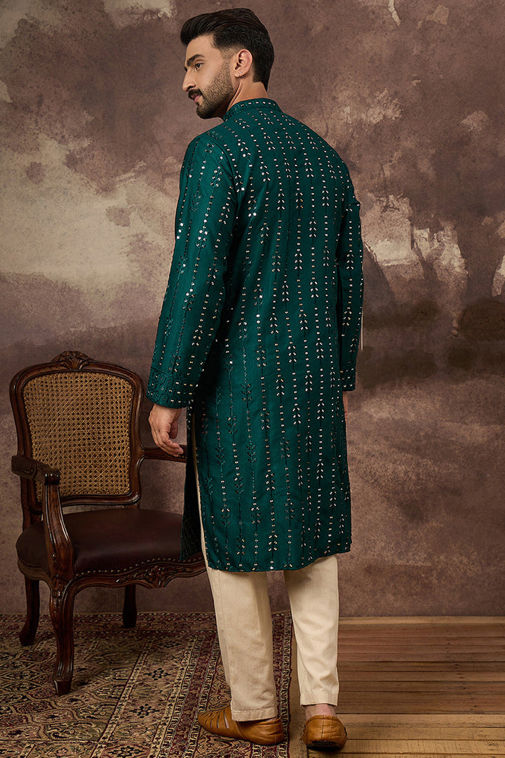 Teal Silk Blend Solid Embroidered Straight Kurta With Pant Set | SHOBITAM