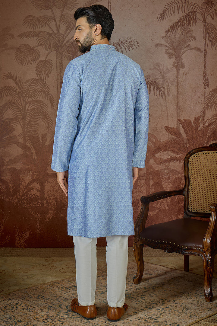 Mens Blue Jacquard Solid Embroidered Kurta  | SHOBITAM