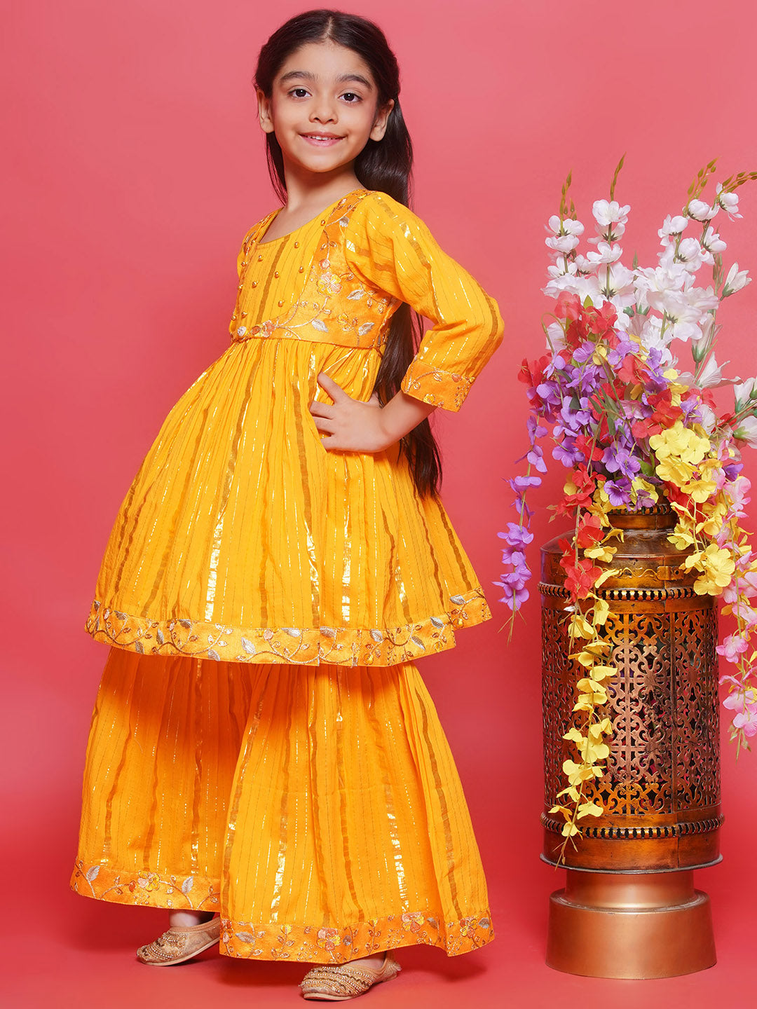 Cotton Three Fourth Sleeves Floral Embroidery Kurta Sharara with Jacket and Dupatta - Haldi Yellow | SHOBITAM
